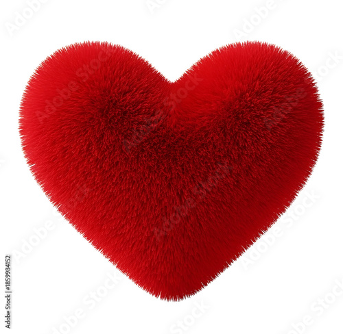 A realistic rendering of a vibrant fluffy red heart texture with soft fur details on transparent background