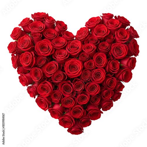 Valentines day heart shape meticulously crafted from numerous beautiful red roses a stunning floral arrangement isolated on transparent background