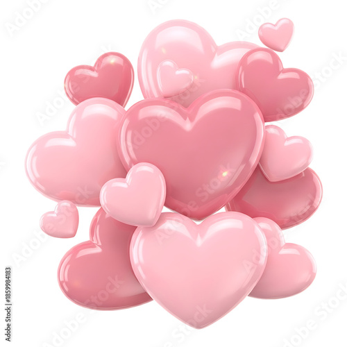A collection of glossy pale pink hearts in various sizes beautifully arranged and floating ideal for valentines day, birthday isolated on transparent background
