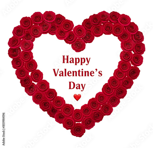 A stunning heart shape written text happy valentine's day crafted from vibrant red roses with text and a small heart on transparent background