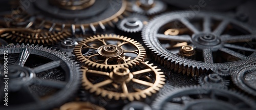 Close up of interlocking gears with gold and silver details mechanical background