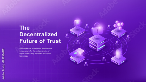 Isometric blockchain technology concept with secure data server and encryption.