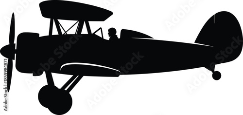 Vintage biplane aircraft silhouette with pilot isolated on white background aviation history classic airplane flight retro transport illustration