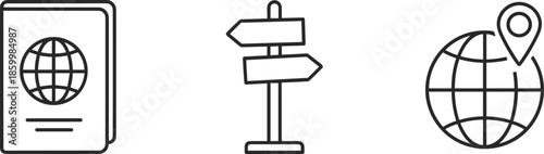 Global travel and navigation line icon set featuring international passport world globe with location pin and directional road signpost for tourism
