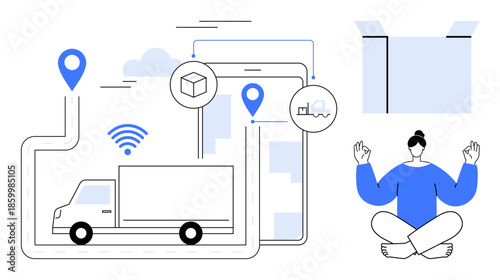 Logistics, delivery tracking, smartphone apps, mindfulness, warehouse management, connectivity. Illustration features a truck with GPS tracking icons, smartphone and a meditating person. Logistics