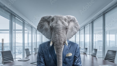 An elephant head replaces a person in a suit, standing at the head of a long boardroom table with city view