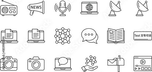 Mass communication and social media line icon set featuring radio megaphone microphone satellite dish digital networking laptop chat bubbles and mailbox symbols