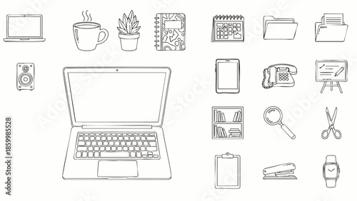 Set of hand-drawn office and technology icons, including laptop, coffee, plant, notebook, phone, and stationery items