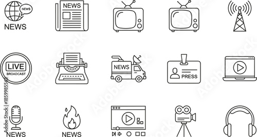 News and journalism line icon set featuring television broadcast media tools newspaper typewriter press badge microphone live stream and digital communication symbols