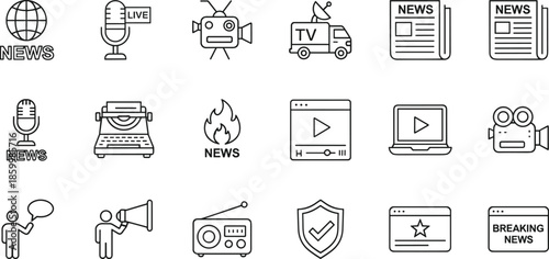 Professional journalism and news broadcasting line icon set featuring live microphones, television broadcast trucks, newspaper publication, and breaking news alert symbols.