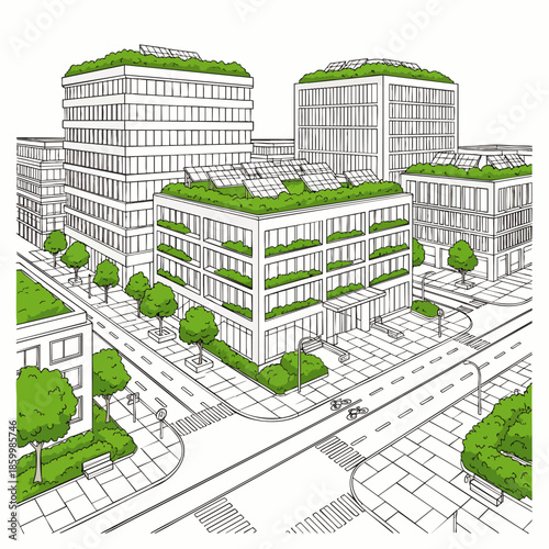 Green city illustration with eco-friendly buildings, solar panels, and rooftop gardens, showcasing sustainable urban development and environmental architecture.