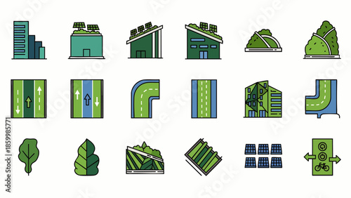 Sustainable city and eco-friendly urban planning icons. Green buildings, solar panels, bike lanes, trees, renewable energy, environmental design.