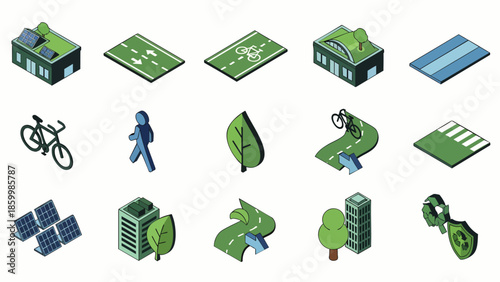 Collection of Isometric Vector Icons Representing Sustainable Living, Renewable Energy, Green Architecture, and Eco-Friendly Transportation Concepts for Urban Planning.
