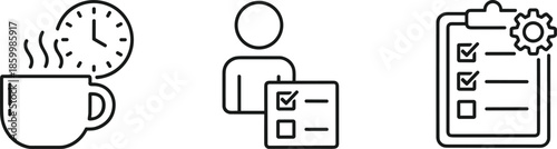 Professional productivity and task management line icon set featuring office coffee break time, individual employee checklist, and administrative project settings symbols.