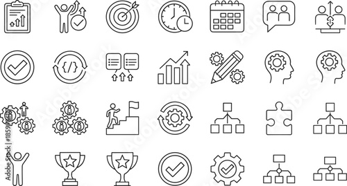 Professional business strategy and agile management line icon set featuring organizational hierarchies, career achievement trophies, technical workflow gears