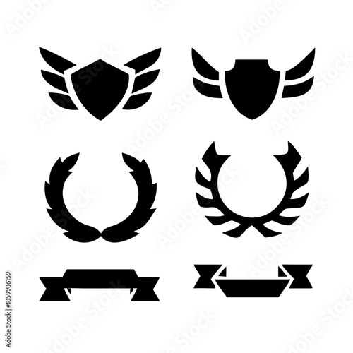 Laurel wreath, shield, wing, ribbon, and banners vector set. Laurel wreaths, shields, wings, ribbons illustration for awards, heraldry, logos, badges, and branding designs .