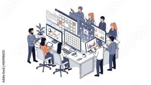 Isometric business team collaborating on AI data analysis project. Office workers managing digital charts and graphs on computer screens in modern workspace vector illustration.