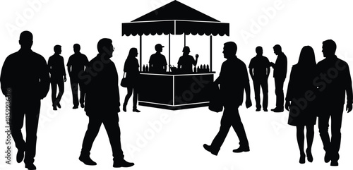 People, walking, at, street, market, kiosk, silhouette, crowd, outdoor, fair, event, urban, city, life, vector, illustration, black, isolated, white, background, commerce, festival, vendo