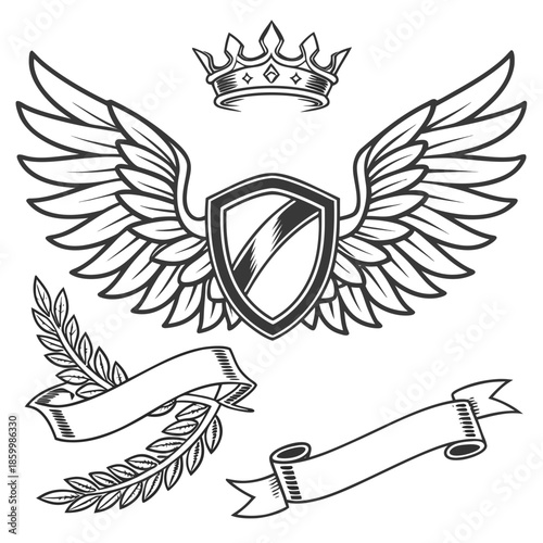 Laurel wreath, shield, wing, ribbon, and banners vector set. Laurel wreaths, shields, wings, ribbons illustration for awards, heraldry, logos, badges, and branding designs .