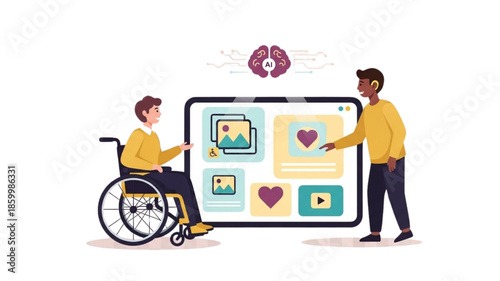 AI Digital Marketing Accessibility Concept Illustration with Inclusive Team, Wheelchair User, Content Personalization Interface, UX UI Design, Social Media Engagement, Assistive Technology Vector