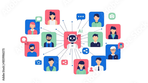 Artificial Intelligence Social Network Vector: AI Robot Chatbot Connecting Diverse User Avatars, Digital Community Communication, Algorithm & Customer Support Automation Concept Illustration