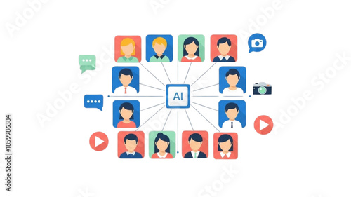 AI Digital Marketing Audience Targeting Concept with Customer Profiles, Social Media Network Connections, Chat and Video Icons, Personalized Advertising, CRM Segmentation Vector Illustration