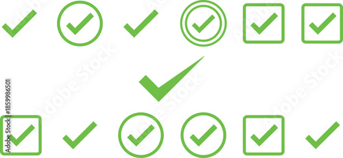 Universal green checkmark validation icon set featuring various tick symbols in circular, square, and outline styles for successful task completion and data verification.