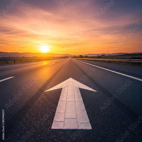 A prominent white arrow on a long, open highway, vividly pointing towards a brilliant sunset, symbolizing future direction, new beginnings, and the path to opportunity