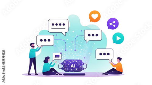AI Digital Marketing Chatbot Illustration with Customer Engagement Messaging, Social Media Interaction, Likes Shares Comments, Conversational Support, Community Management, Automation Vector