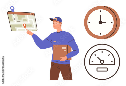 Male courier with cap holding a box and interacting with a digital map. Accompanied by speedometer and clock representing timing, navigation, logistics. Ideal for delivery, efficiency, navigation