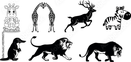 Diverse animal silhouettes featuring mammals and wildlife