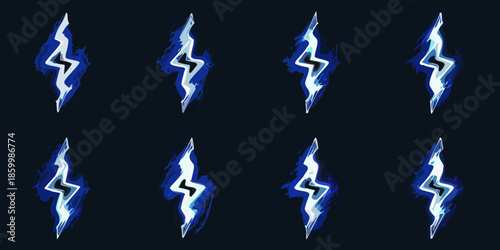 Eight bright blue lightning bolts against a dark black background