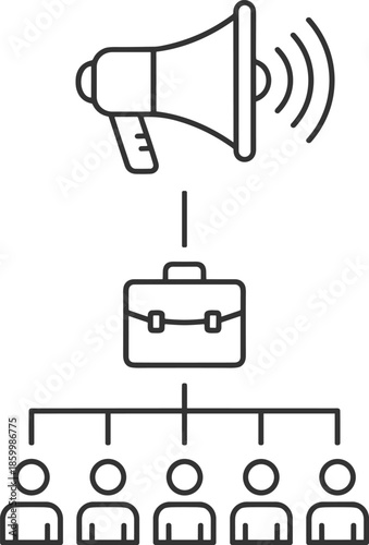 Corporate leadership and recruitment strategy line illustration featuring a megaphone for public outreach, a briefcase for professional management, and an organizational team hierarchy.