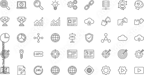 Comprehensive business technology and AI line icon set featuring artificial intelligence brain, cloud data security, API integration, strategic growth targets,