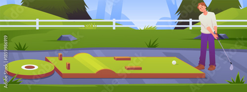 Man playing golf on mini golf course, golf equipment, vector sport leisure activity, natural landscape with lane court