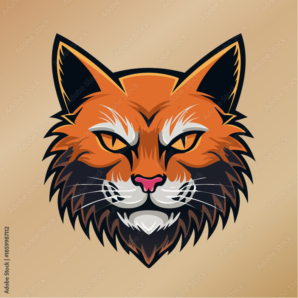 Fototapeta premium Cute cartoon vector illustration of a red cat head and feline face, featuring a domestic kitty kitten art symbol for a pet tattoo or wild animal drawing