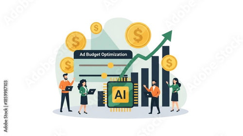 AI powered ad budget optimization concept, marketing team analyzing financial growth with artificial intelligence chip, rising graph and money ROI, flat vector illustration for business