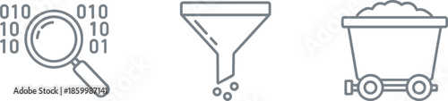Data mining and information processing line icon set featuring binary code analysis with magnifying glass, data filtering funnel, and resource extraction mining cart.