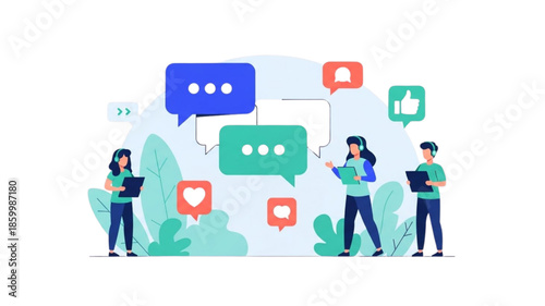 Customer service and social media concept with support team wearing headsets, managing online feedback via chat bubbles, speech balloons, and like icons in modern flat vector illustration style.