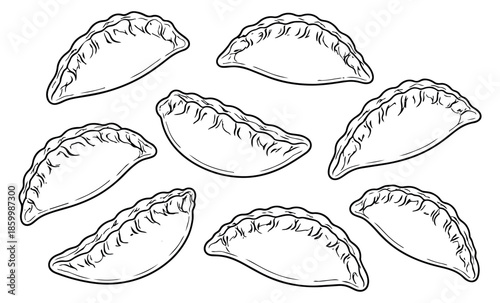 Hand drawn line art empanada set featuring traditional savory pastries for food and restaurant branding
