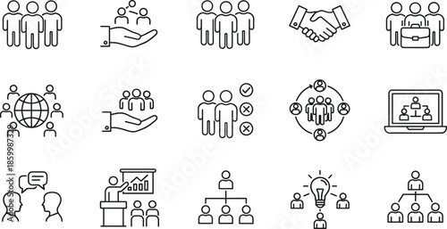 Human resources and team management line icon set featuring organizational charts, professional networking, global collaboration, leadership training, and corporate recruitment symbols.