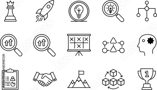 Professional leadership and achievement line icon set featuring a chess queen, startup rocket, strategic brainstorming, mountain peak goals, first-place trophy, and partnership handshakes.