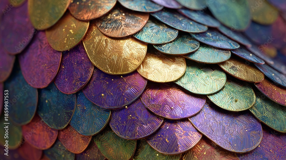 custom made wallpaper toronto digitalClose-up of iridescent scales, overlapping, reflecting light with hues of gold, purple, green, and blue. Textured detail