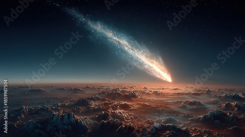 Celestial event with shooting star over mountainous landscape at night.