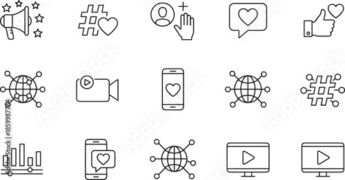 Social media engagement and digital marketing line icon set featuring viral content hashtags, community likes, video streaming, global networking, and follower growth symbols.