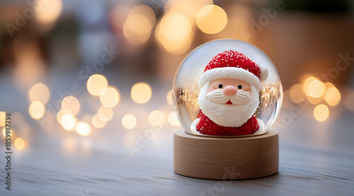 A festive snow globe featuring a cheerful Santa Claus surrounded by twinkling lights, perfect for holiday decor.