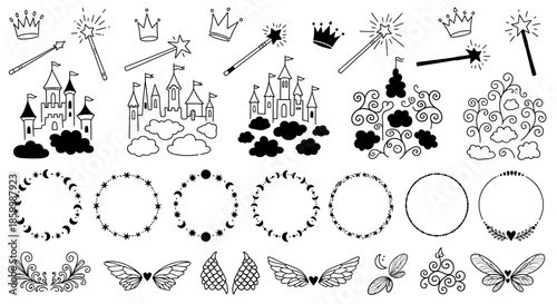 Black and white fairy tale icons.