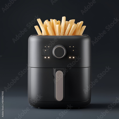 A modern air fryer with golden fries, showcasing healthy cooking in a sleek kitchen appliance design.