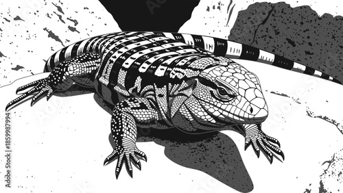 Graphic illustration of a black and white Argentine tegu lizard on a rocky surface. Design for educational wildlife posters or exotic pet care branding. Transparent background SVG version.