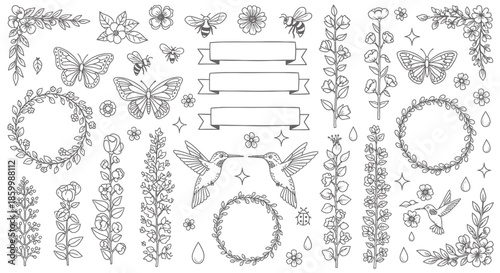 Butterfly and flower line art designs.